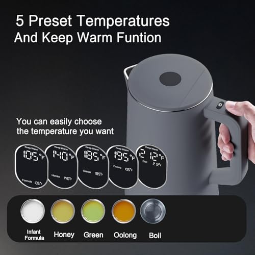 Image of 1.5L Electric Kettle Temperature Control,Gray | Double Wall Cool Touch Teapot, Fast Boil, 5 Temperature Control, LED Display, Auto Shut-Off & Keep Warm