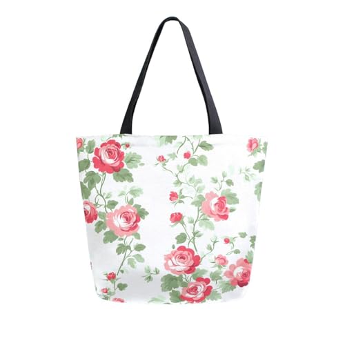 Extra Large Shoulder Tote Bag for Beach Travel Weekender Gym Green Leaves Red Flower Pattern Reusable Grocery Canvas Shopping Bag2