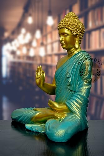 Image of Beautiful Sitting Buddha Idol Statue for Home & Garden Living Room | Healing Spirit Blessing Buddha Statue - 15 Inch Size (Sea Green + Golden)