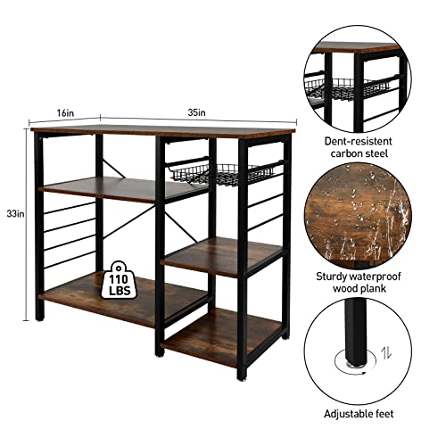 Babion Kitchen Bakers Rack, Microwave Stand With Storage Steel Frame Wire Basket Coffee Bar Table Bakers Racks For Kitchens 37In Microwave Cart Kitchen Organization Shelf & Wheels, Rustic Brown #TOP1