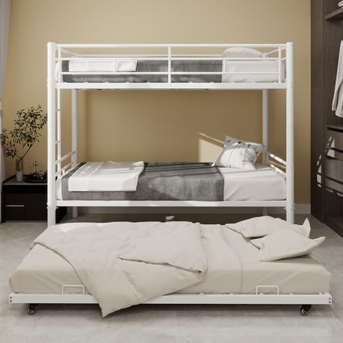 Lubvtti Litera infantil de metal con cama extraíble, convertible en dos camas individuales, cama infantil de 90x190 cm con escalera y barandilla (A-Blanco)