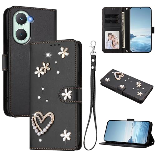 Jiajihua Case Compatible with Vivo T3 Lite / Y03 / Y18 / Y28S / Y37 / Y37M / IQOO Z9 Lite Lanyard【Card Holder Wallet Flip Cover Magnetic Buckle Kickstand】 Black
