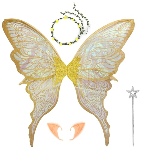 FramePro Large Yellow Fairy Wings for Adults 32x30 Inch Oversized Sparkly Organza Butterfly Wings Costume for Women Cosplay Parties and Halloween