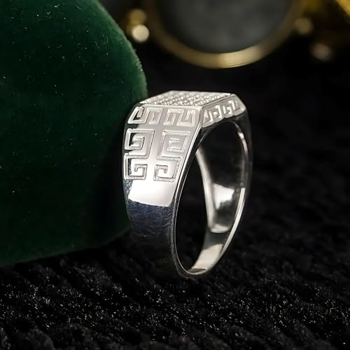Sterling Silver Rings S925 Silver Men's Ring Men's Wedding Rings with 36 Sparkling Zircons – Square Shape & Ancient Greek Patterns Style4