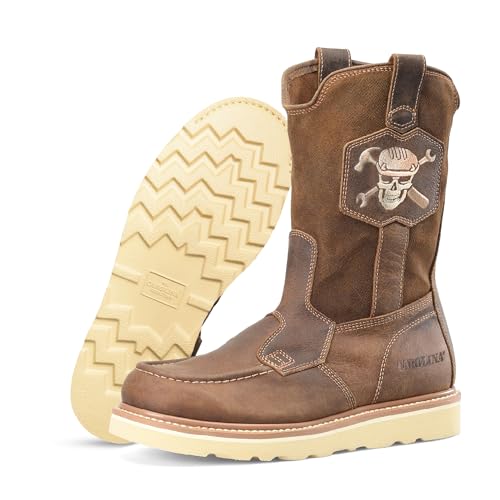 Carolina 10" Flatiron Wellington Pull-On Work Boots - Construction & Soft Toe Work Boots for Men with Oil & Slip-Resisting Outsole & EH Protection - Moccasin-Style Toe - Dark Brown - 12 by Carolina - Used condition - US$126.22