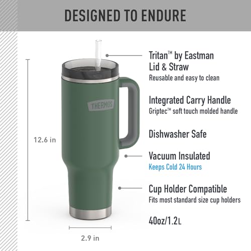 Image of THERMOS Stainless Steel Cup Holder Mug - 40 Ounce, Alpine Green - Insulated Tumbler with Lid and Straw, Plus Leak-Resistant Slide Lock