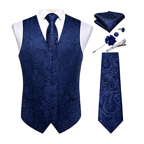 Image of DiBanGu Mens Vest and Tie Set Formal Paisley Waistcoat and Necktie Pocket Square Cufflinks Silk Suit Vest for Tuxedo Wedding