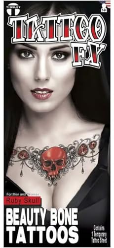 Realistic Red Ruby Skull Temporary Tattoo for Upper Chest | Gothic Beauty Bone Tattoo | Easy to Apply, Film Quality Clavicle Tattoo by Tinsley Transfers