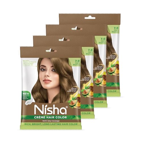 Image of Nisha Cream Permanent Hair Colour for Women & Men, Dark Blonde - 100% Grey Coverage, Long Lasting Hair Dye, Deep Shine & Conditioning with Natural Herbs, 50g (Pack of 4)