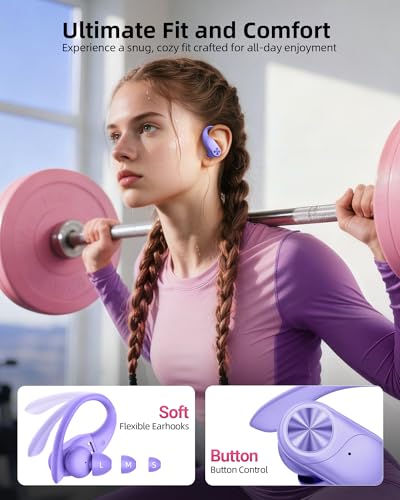 Image of PocBuds Bluetooth Headphones Wireless Earbuds 80hrs Playtime Wireless Charging Case Digital Display Sports Ear buds with Earhook Deep Bass IPX7 Waterproof Over-Ear Earphones for TV Phone Laptop Purple