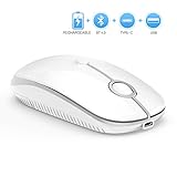 Bluetooth Wireless Mouse, Easy Switch to 3 Device, Vssoplor Rechargeable Type C Mouse Compatible with MacBook, Laptop, Windows Mac OS Quiet Clicking Mouse-White and Silver