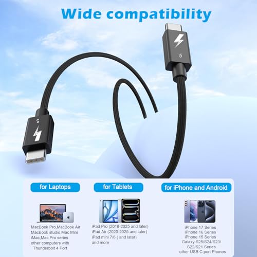 Image of 240W Thunderbolt 5 Cable Fast Charging, 6.6FT USB5 C to C Thunderbolt 5 Cable 80Gbps Data Transfer up to 120Gbps,Supports 8K /4K Displays Braided USB C Fast Charging Cable for iPhone 17 /16 /15,Mac Book