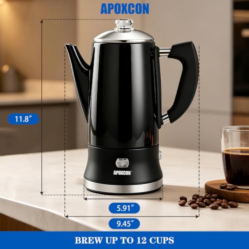 Image of APOXCON Electric Coffee Percolator Stainless Steel Coffee Maker with Glass Knob On /OFF Switch Keep Warm Classic Coffee Pot - No Aluminum No Plastic Contact with Beverage Black (12 Cup)