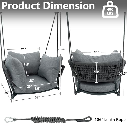 Image of Single Seater Porch Swing, Macrame Hanging Swing Chair Outdoor, Hammock Chairs for Adults, Outdoor Patio Swings with Cushions, Rope Rattan Hanging Chairs, Reading Nook Chair for Bedroom, Grey