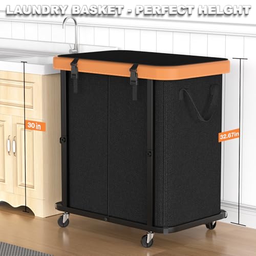 Image of 190L (50 Gal) Large Fashion Laundry Basket with Wheels, Leather Patchwork Rolling Hamper Carts, Sturdy Metal Frame, Removable Washable Bag, Tall Clothes Sorter for Bedroom - Black