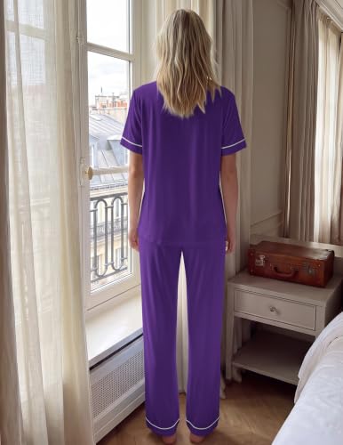 Image of HNG Women Pajamas Set 2 Piece Button Up Pajamas Pant and Short Sleeve Shirt for Woman Pj Sets with Pocket