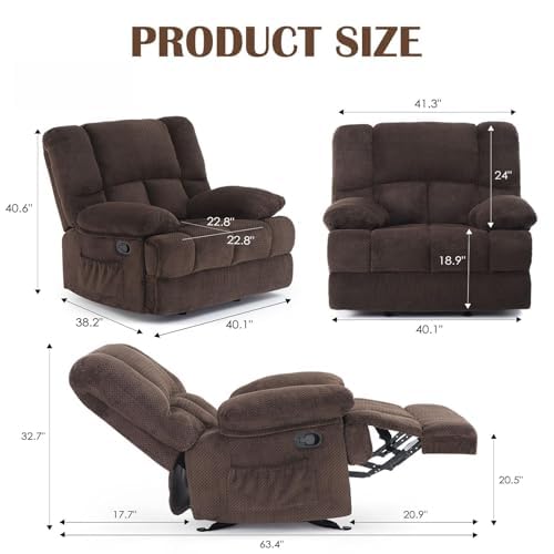 Image of Oversized Rocker Recliner Chair, Wide Manual Recliner with Adjustable Backrest & Footrest, Comfortable Rocking Reclining Sofa for Living Room & Bedroom, Chocolate