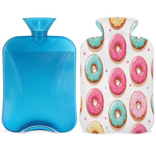 Hot Water Bottle with Soft Cover,2L Scrummy Donut Hot Water Bag for Hot and Cold Compress, Hand Feet Warmer, Colorful Donut Rubber Hot or Cold Water Bottle Halloween Christmas Decorations