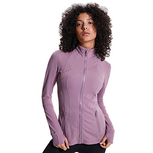 idealister Women Sports Slim Stretch Yoga Jacket Running Gym Fitness Coat Zip Up Thumb Holes (8, Pinkish Purple)