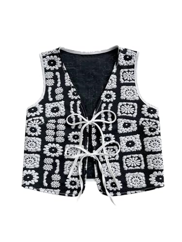 Verdusa Women's Bow Tie Floral Embroidered Vest Tops Boho V Neck Sleeveless Cardigan Outwear