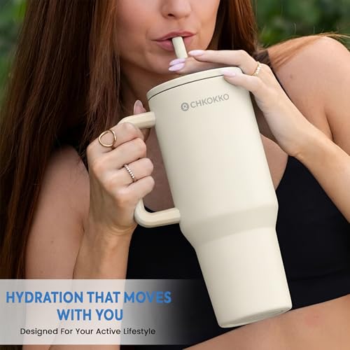 Image of CHKOKKO Stainless Steel Tumbler with Straw & Side Handle 1200ML Leak-Proof Travel Mug | Hot and Cold Double Insulated 1.2L Premium Water Bottle for Travel Gym & Office Use