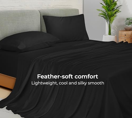 Image of Royale Linen Bamboo Viscose Queen Sheet Set - Cooling Bed Sheet Set - 1 Fitted, 1 Flat & 2 Pillowcase - Fits Up to 16 inch - Organic Viscose Derived from Bamboo - Bedding Sheet & Pillowcase (Queen, Black)