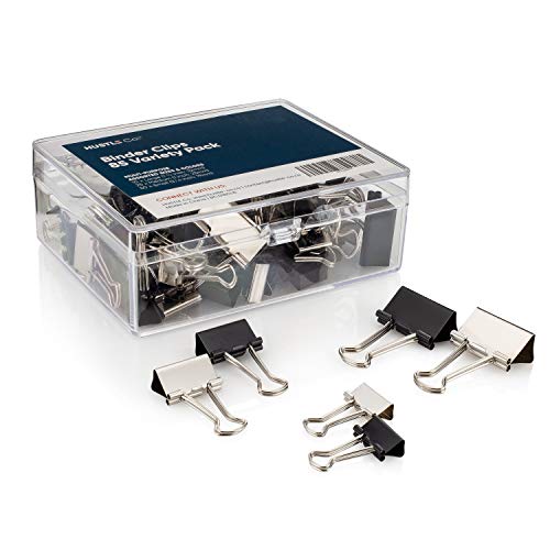 Binder Clips Assorted Sizes by HUSTLE Co | 85 Bulk Pack in Small, Medium and Large Size Metal Paper Clamps | Mixed Black and Silver Colored Bulldog Clips | Premium Office Supplies