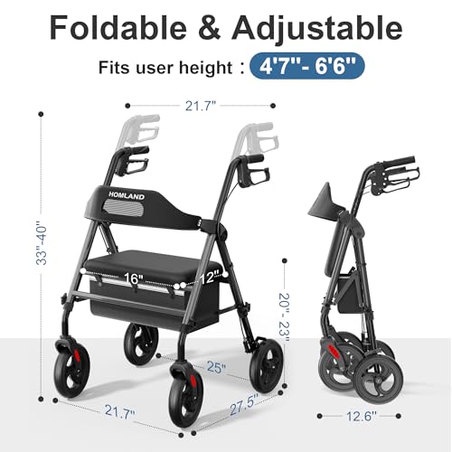 Image of HOMLAND Foldable Rollator Walker with Seat for Seniors, 16 inch Enlarged Seat | 8 inch Big Wheels, 16 inchx12 inchx1.9 inch Thick Padded Seat, Adjustable Seat & Handle Height, Tool-Free Assembly, All Terrain Mobility Aid