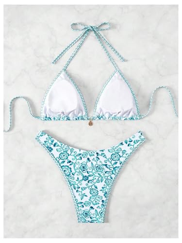 MakeMeChic Women's Polka Dots Triangle Thong Bikini Sets Floral Cute Bathing Suit Swimsuits Green and White Large