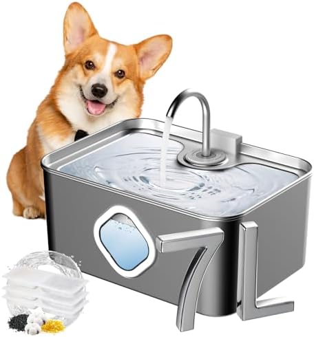Dog Water Fountain for Large Dogs, 7L/236 oz/1.8Gal Stainless Steel Pet Drink Dispenser, Ultra Quiet, 4-Layers Filtration, Automatic Pet Water Fountain for Cats, Dogs and Multi-pet households