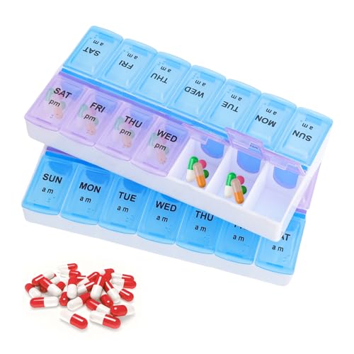 JYYWTSI 2 Pezzi Portapillole Settimanale, 7 Giorni Doppia Fila 14 Scomparti Dosatore Pillole, Portatile Portapillole 7 Giorni per Medicinali, Vitamine, Olio di Pesce, Integratori Alimentari