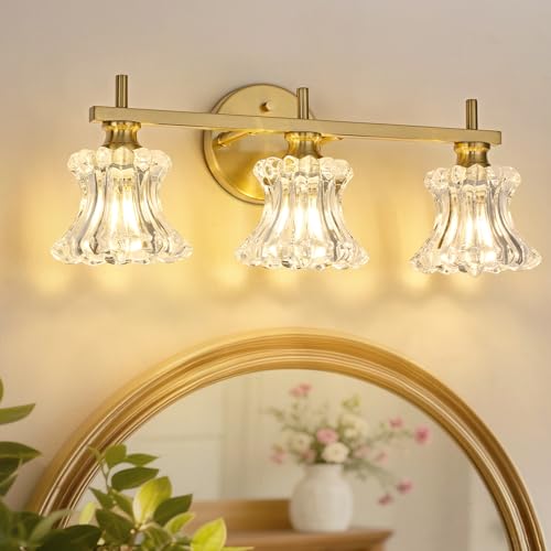 Image of Gold Bathroom Light Fixture 3-Lights Vintage Vanity Lights | Easy Installation,Elegant Clear Glass Shades,Wall Mount Up or Down