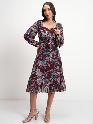 Image of Tokyo Talkies Women's Elegant Floral A-Line Dress | Long Puff Sleeves & Ruffle Hem for a Feminine Touch | Bow tie up