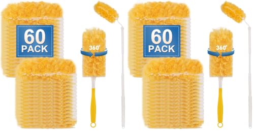 Image of Heavy Duty Duster Refills, Disposable Dusters Kit for Cleaning Dusting Furniture Blind Ceiling Fan, Multi Surface 360 Feather Duster(60)+3FT Extended Handle +1 Handle (Pack of 2)