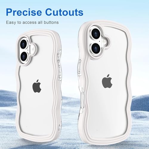 Image of GoldKart iPhone 16 Plus Case Wavy Edge Clear Back Design, Anti-Slip Grip Cute Wave Curly Frame Shape Shockproof Soft TPU & Hard PC Bumper Protective Phone Case Cover for Women Girls - White