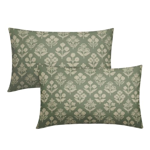 Sage Green Pillow Covers 12x20 Inch Set of 2, Cream Floral Block Print Pattern Lumbar Decorative Throw Pillowcases Outdoor Farmhouse Rectangle Cushion Covers Spring Summer Sofa Couch Bed Decor