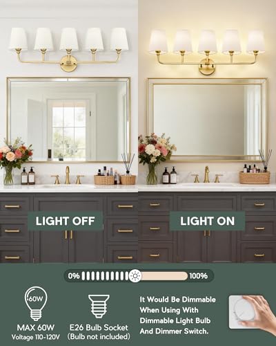 Image of 5-Light Bathroom Light Fixtures, Brushed Gold Vanity Lights with Flared Beige Fabric Shade, 35 Inch Wall Sconce, Vintage Sconces Wall Lighting for Hallway Bedroom, VL837-BG-B-5