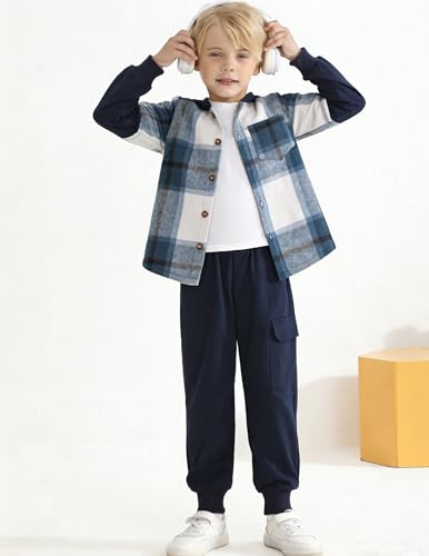 Image of 2Pcs Boys Clothes Sweatsuit Set Hoodie Flannel Plaid Shirt and Jogger Pants for Kids Fall Winter Spring Outfits