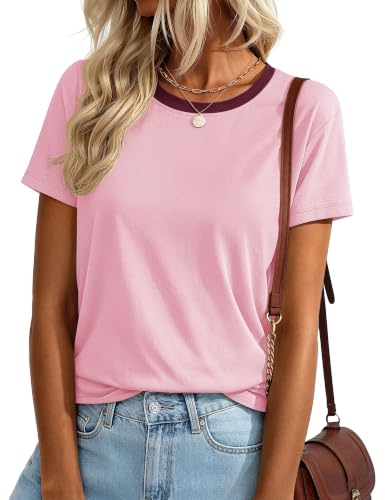 YUCOLEN T Shirts for Women Short Sleeve Summer Cotton Tee Pink Block 2XL