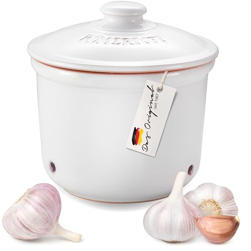 Romertopf Frische-Topf MINI 0,6 Liter - Knoblauchtopf Keramik - Atmungsaktiver Ton hält Gemüse länger Frisch - Ideale Luftzirkulation - Weiß