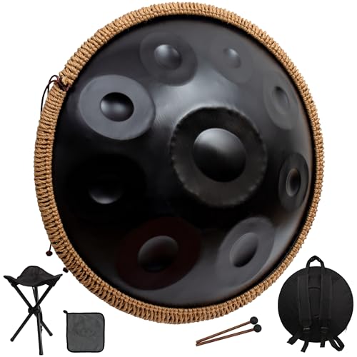Handpan Drum for Beginners, 22 Inch D Minor Kurd 9 Notes - 440Hz Hand Drum Set for Music Therapy, Meditation & Outdoor Performances (Black)