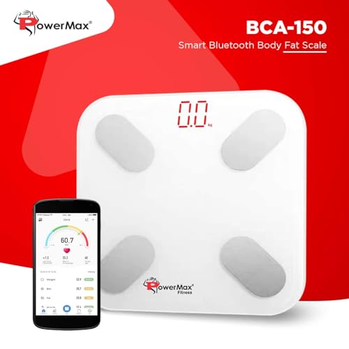 Image of PowerMax Fitness BCA-150 BMI Weight Machine For Body Weight, Digital Body Fat Analyzer & Smart Body Composition Weighing Scale, 13 Body Parameters, IOS /Android App Sync, XL-31x31x2.2 cm (White)