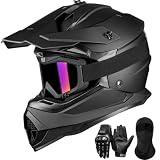 ILM Adult Dirt Bike Helmets Men Women Motocross ATV Off Road Helmet with Goggles Gloves Mask DOT Model WS901 (Matte Black, L)