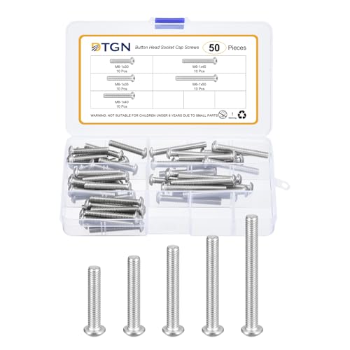 DTGN 50Pcs M6-1x30/35/40/45/50mm Button Head Socket Cap Screws, 304 Stainless Steel Bolt Nut Set Washer Assortment Kit
