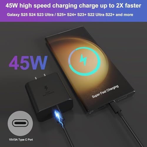 Image of Samsung Original 45W Super Fast Charger Compatible with Samsung S25 /S24 /S23 /S22 /S21 /S20 (Ultra /Plus /Fe), Note 20 /20+ /10 / Z Fold /Flip /S /A /F /M Series | Type C PD 3.0 Charger Combo,Black
