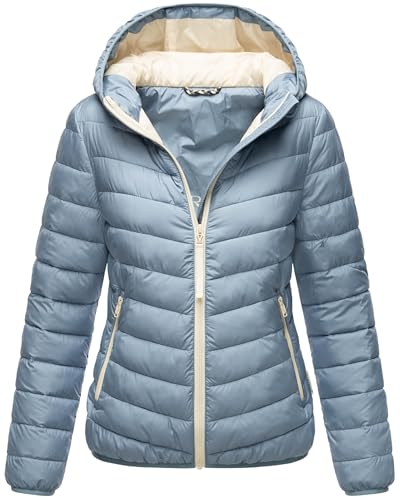 MARIKOO Damen leichte Übergangsjacke Kurze Steppjacke mit innen eingenähter Tragetasche zum einfachen Verstauen und praktischem Umhängen der Jacke Pack Mich EIN Powder Blue Gr. XL