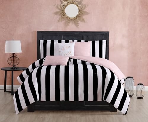 Image of Juicy Couture Cabana Stripe Reversible Bedding Set - Queen Size - Black and White Stripe Print - 6 Piece Set - Includes 1 90 inch x 90 inch Comforter, 3 Decorative Pillows, 2 Shams