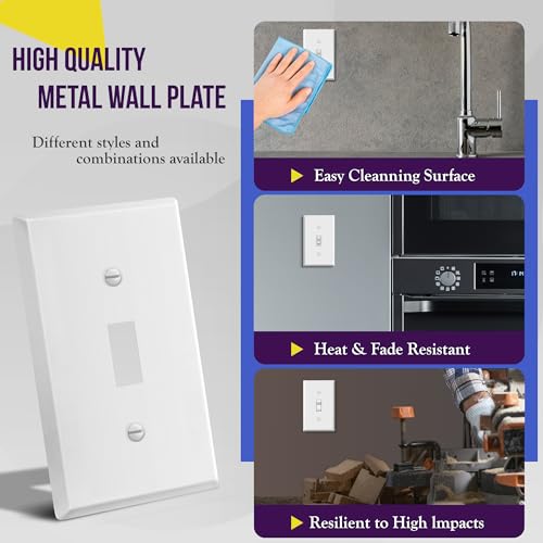 Image of ENERLITES Toggle Light Switch Metal Cover Plate, Wall Plate, Corrosion Resistant, Standard Size 1-Gang 4.50 inch x 2.76 inch, Powder Coated Stamped Steel, 7711-WG, White Gloss | Fits standard toggle switches; Rust-proof stamped steel; Smooth gloss finish; Standard 1-gang; 7711-WG