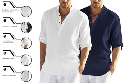 Image of Zombom Men's Combo Cotton Polyester Blend Solid Full Sleeve Straight Regular Fit Mandarin /Chinese Collor Kurta (Pack of 2)