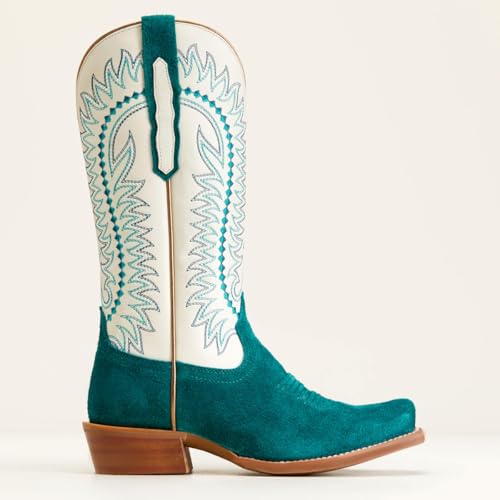 Women Mid Calf Cowboy Boots Embroidered Square Toe Chunky Heel Western Boots Calf High Two Tone 2” Stacked Heel Cowgirl Calf Boots Patchwork Matte Suede Pull On Wide Calf 4-11 M US2